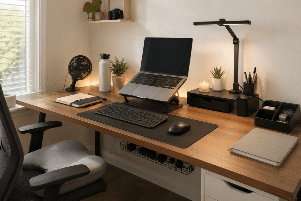 Clean small home office desk setup with laptop, monitor light bar, desk organizers, and soft natural daylight in a modern workspace.