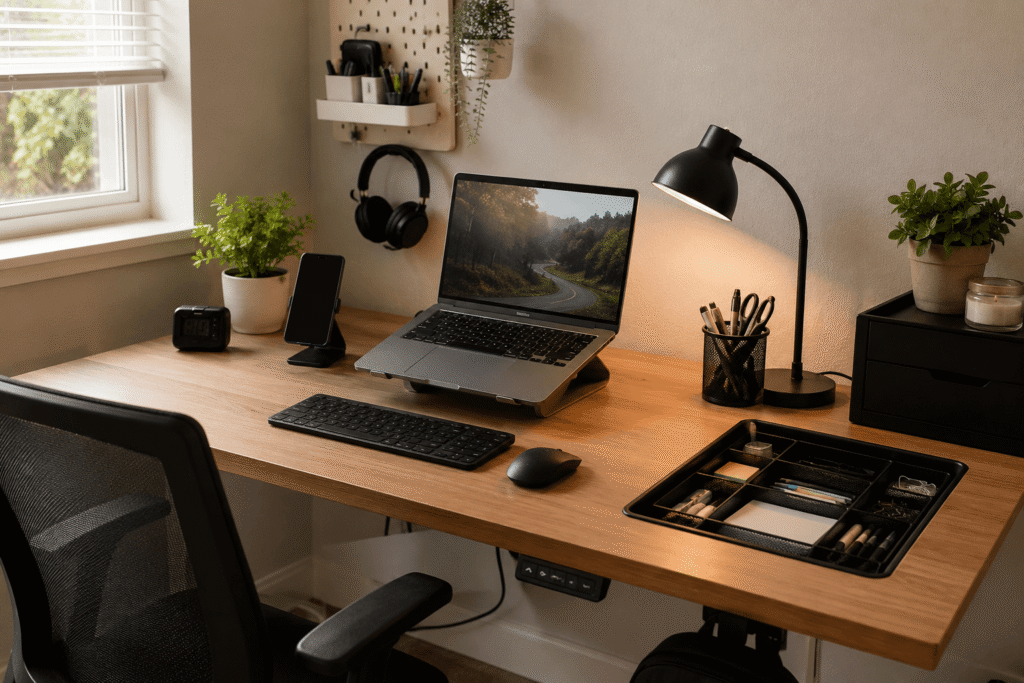 Clean and practical home office desk setup with a laptop stand, desk lamp, phone stand, drawer organizer, wireless keyboard, and workspace accessories in natural daylight.