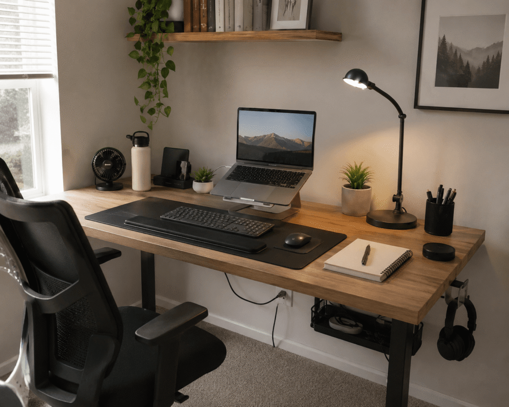 Small home office desk setup with a laptop, desk lamp, ergonomic accessories, cable management, and natural daylight creating a comfortable workspace for long work hours.