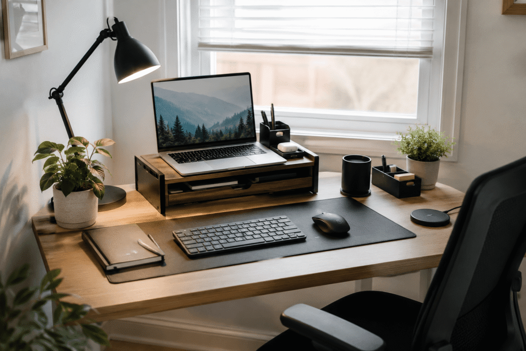 Clean minimalist desk setup with laptop, monitor stand, desk lamp, wireless keyboard, desk mat, and organized accessories in a bright home office