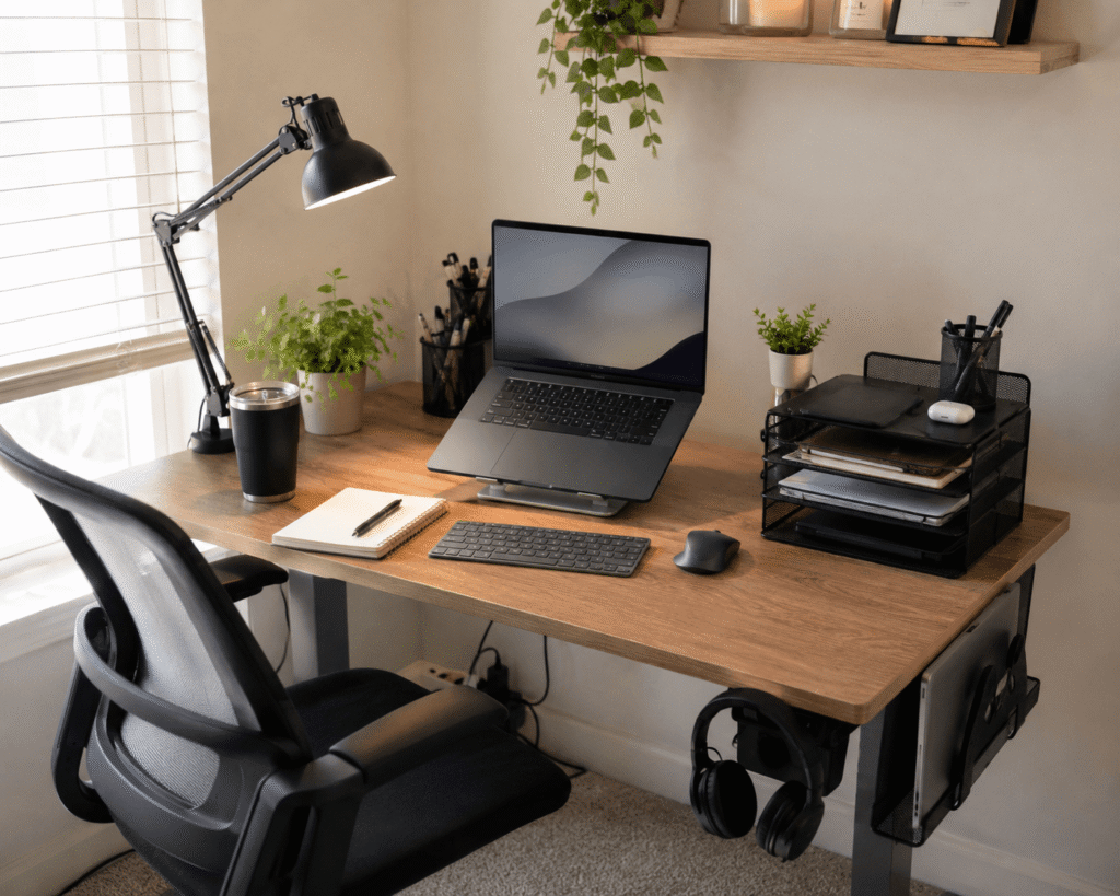 Clean and practical home office desk setup with a laptop stand, wireless keyboard, desk lamp, cable management accessories, and natural daylight in a small workspace.