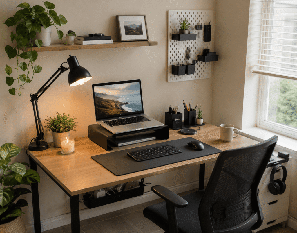 Small home office setup with a wooden desk, laptop on a monitor riser, desk lamp, desk mat, wireless charger, organizers, and ergonomic chair near a window with soft natural daylight.