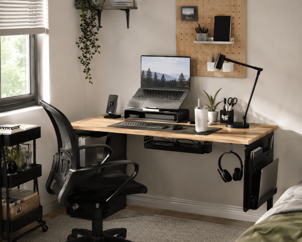 Clean small home office desk setup with a laptop, monitor riser, desk lamp, organized accessories, and natural daylight creating a spacious and productive workspace.
