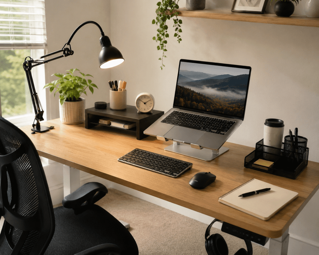 Clean and budget-friendly home office desk setup with a laptop stand, desk lamp, wireless keyboard, monitor riser, and organized workspace in natural daylight.