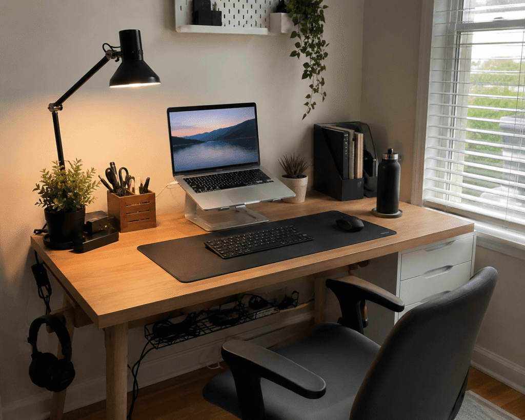 Clean and practical small apartment desk setup with a laptop, desk lamp, organizers, cable management, and compact workspace accessories in natural daylight.