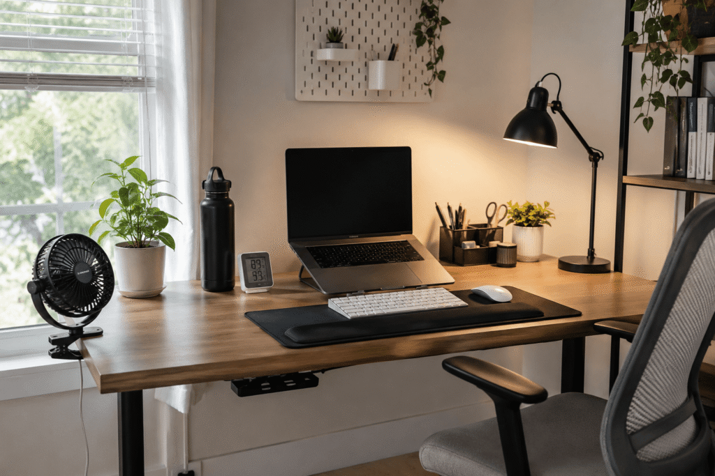 Small home office desk setup with a laptop, portable desk fan, insulated water bottle, desk lamp, and organized workspace in natural daylight.