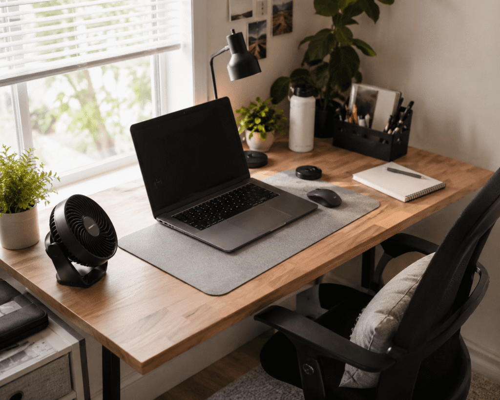 Small home office desk setup with a laptop, compact desk fan, desk lamp, organizer, and natural daylight creating a comfortable and productive workspace.