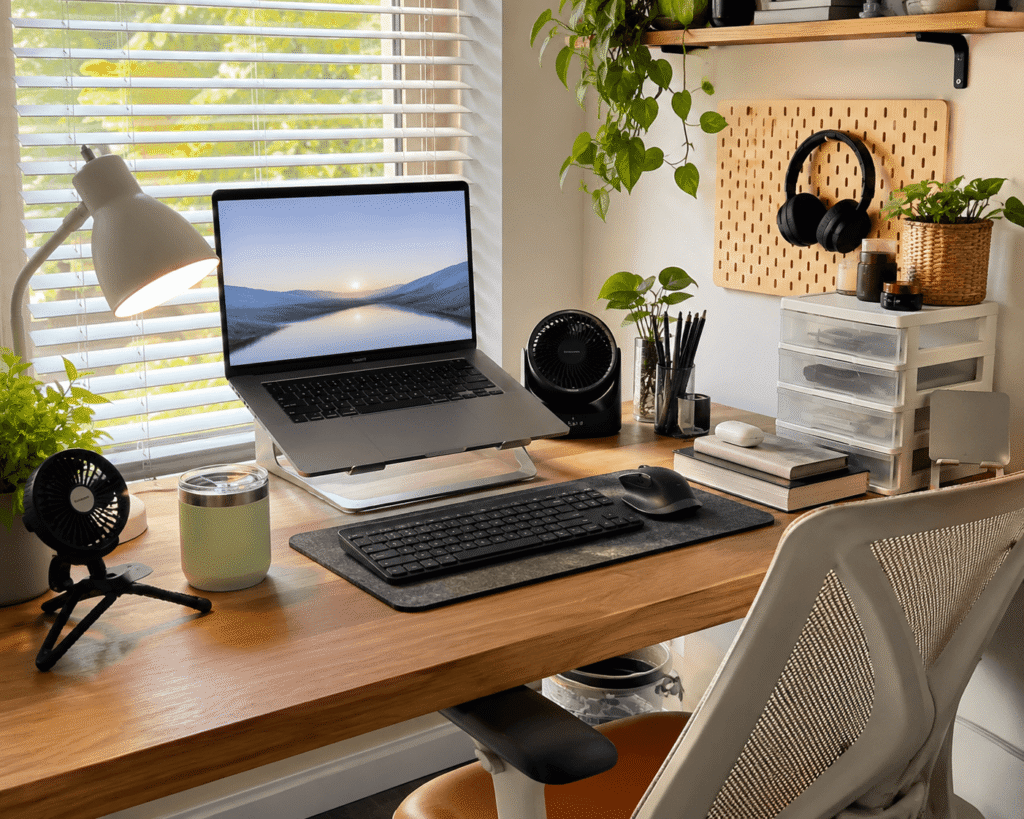 Small home office desk setup with a laptop, desk fan, cooling accessories, and natural daylight.