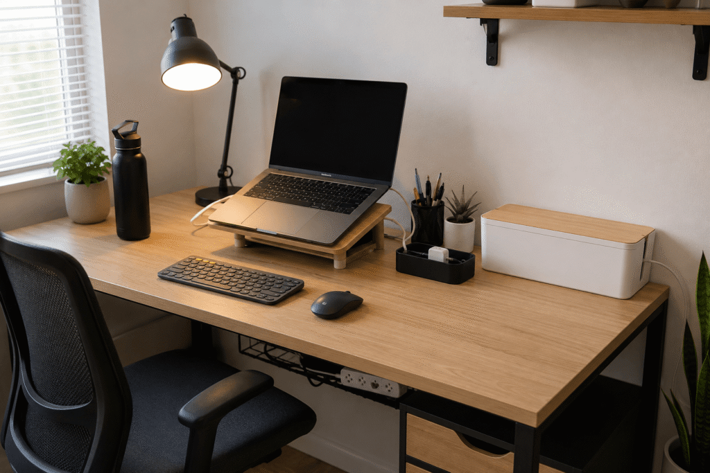 Clean home office desk setup with organized cable management, laptop, desk lamp, cable tray, cord organizers, and practical workspace accessories in natural daylight.