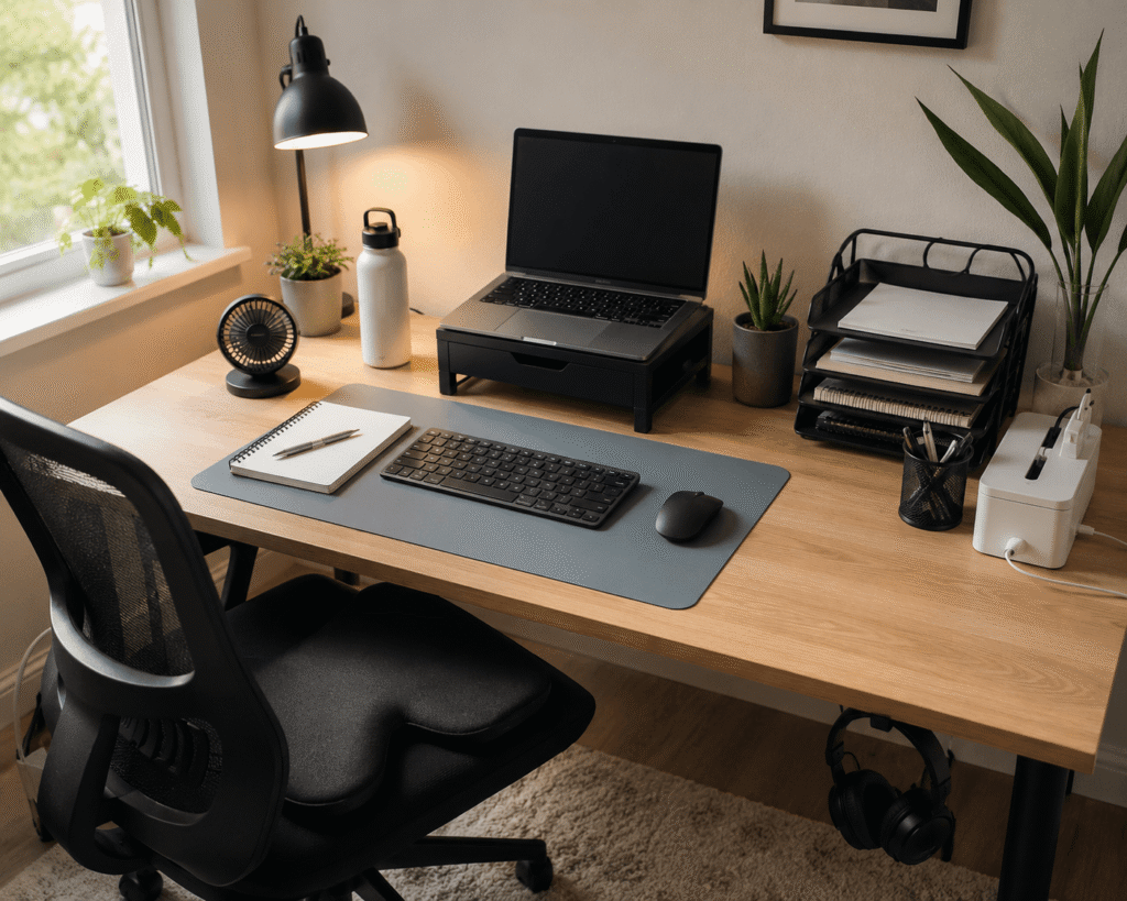 Small home office desk setup with a portable fan, laptop stand, wireless keyboard, insulated water bottle, desk organizer, and natural daylight for comfortable summer productivity.