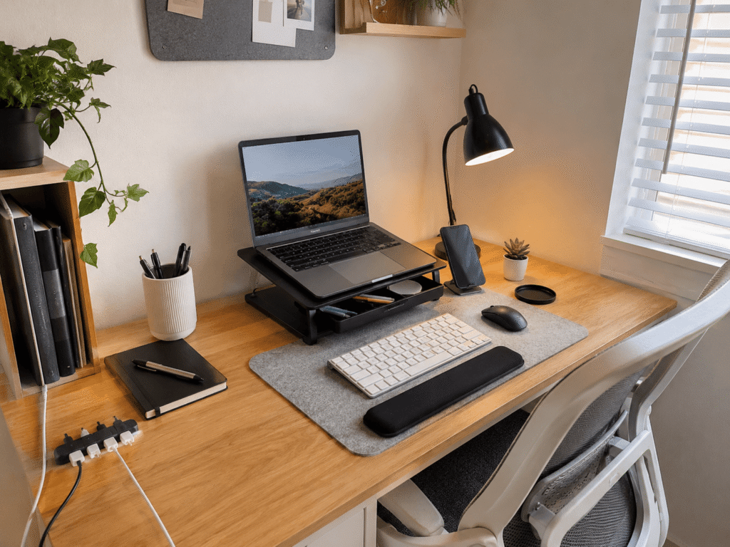 Clean and practical home office desk setup with laptop, desk lamp, organizer, cable management, and productivity accessories on a small wooden desk