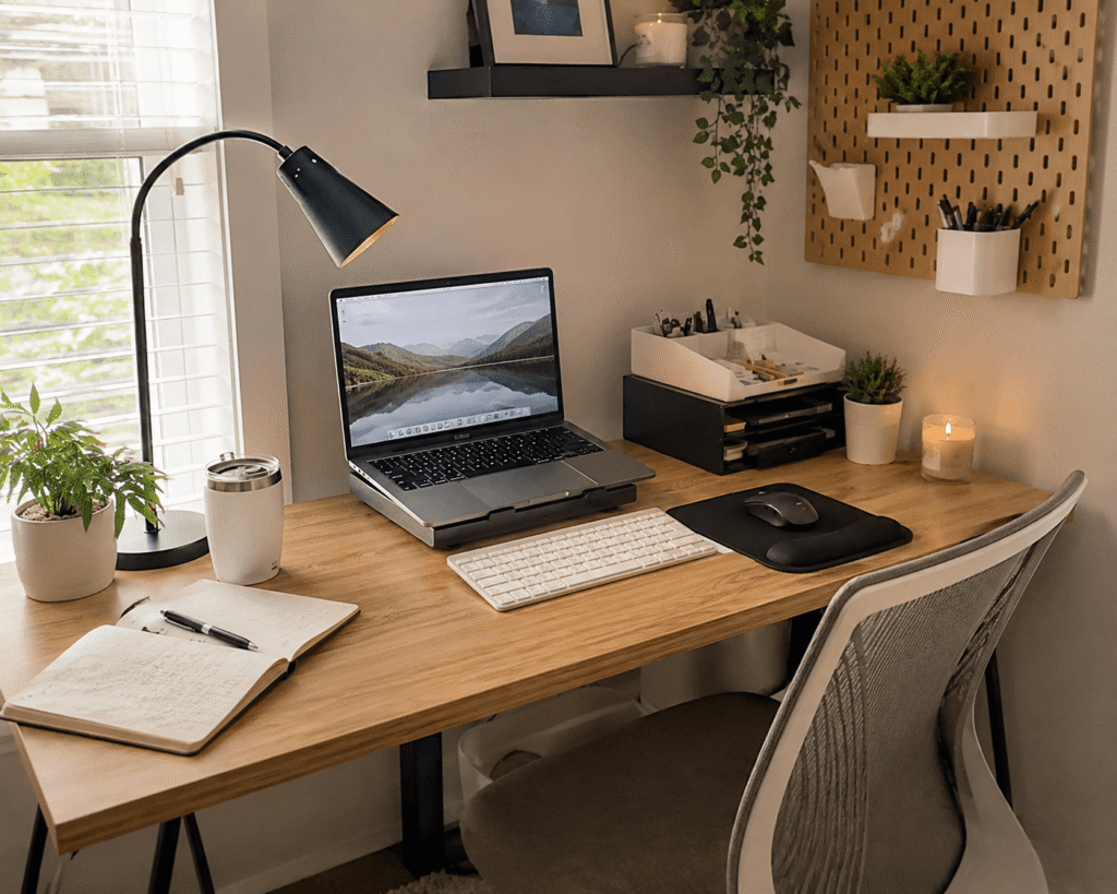 Affordable student desk setup with laptop stand, desk lamp, organizer tray, notebook, and clean workspace in natural daylight.