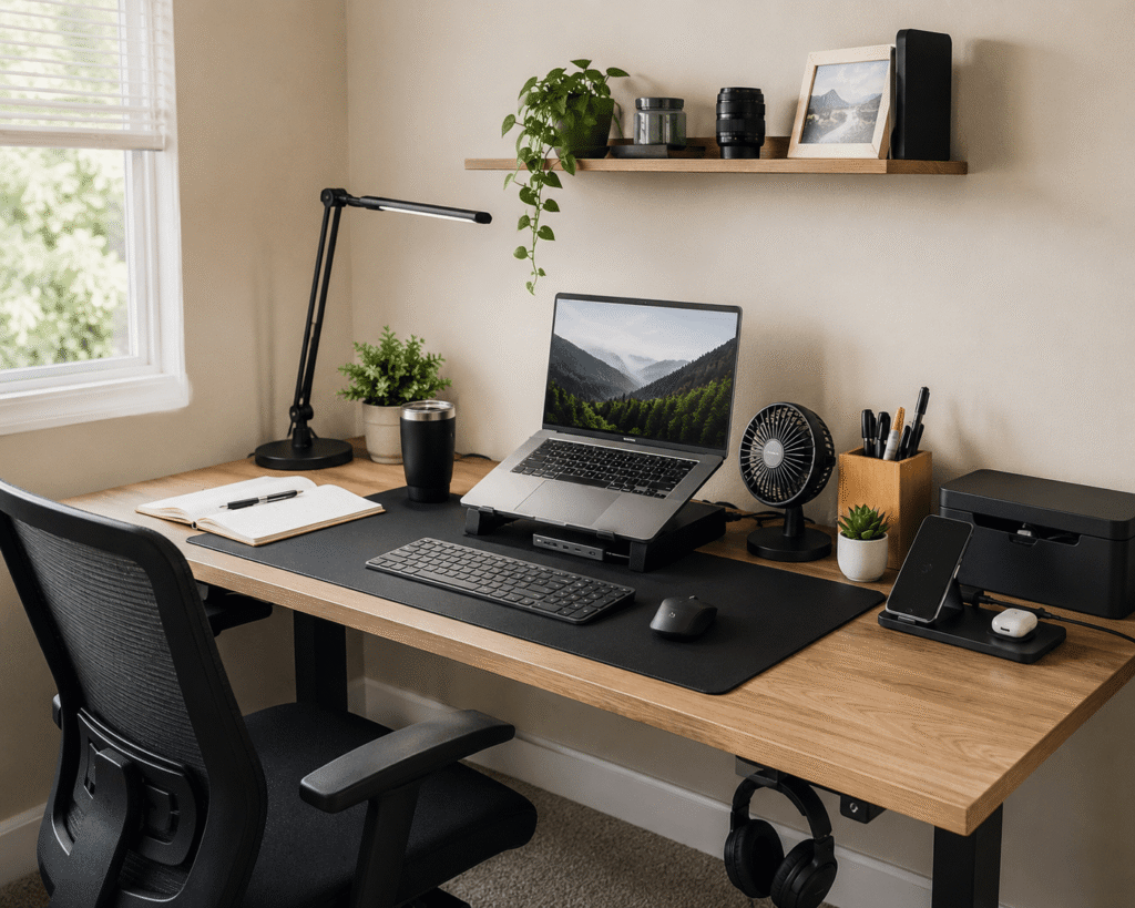 Clean summer home office desk setup with laptop stand, desk lamp, organizer, desk fan, charging station, and workspace accessories in natural daylight