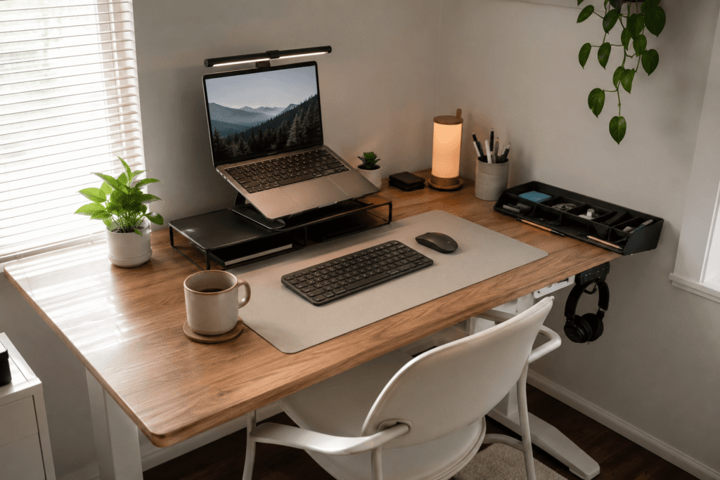 Clean and practical home office desk setup with a laptop stand, monitor light bar, desk organizer, wireless keyboard, and natural daylight in a small workspace.