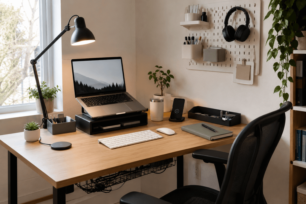 Small home office desk setup with laptop stand, desk lamp, wireless charger, pegboard organizer, cable management, and ergonomic chair in natural daylight.