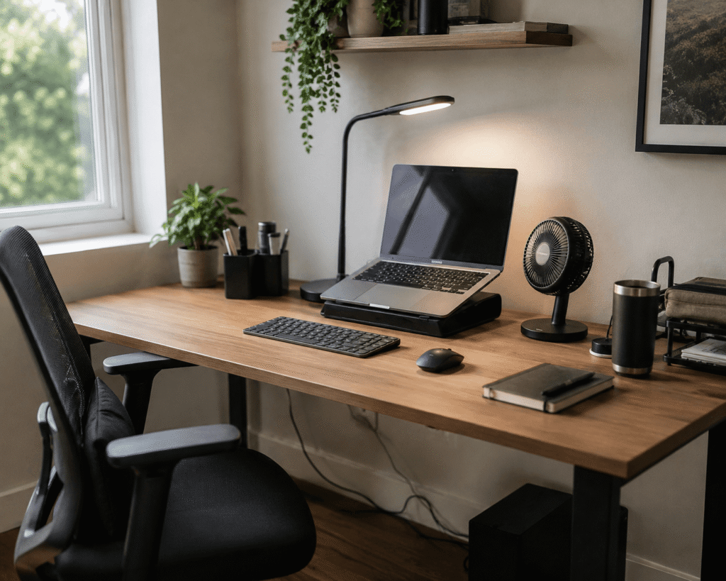 Small home office desk setup with a laptop, desk fan, lamp, and workspace accessories in natural daylight.