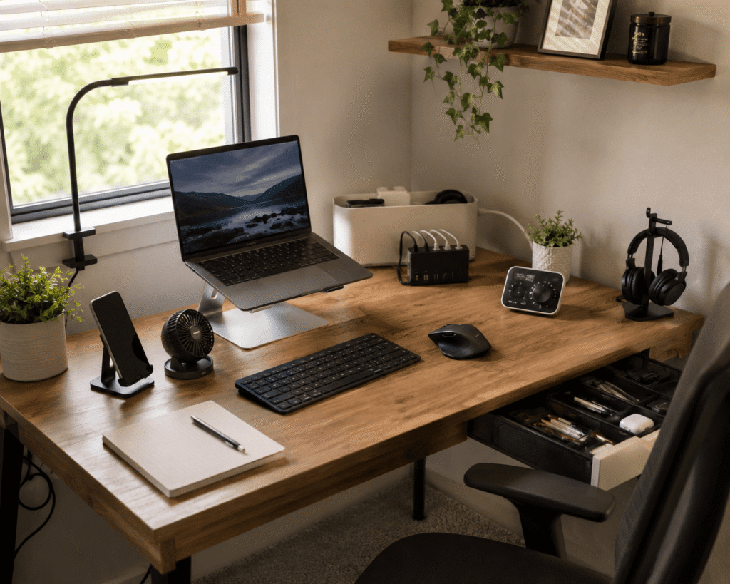 Clean and practical home office desk setup with a laptop, desk lamp, cable organizers, phone stand, and productivity accessories in natural daylight. SEO-Friendly Image Title: