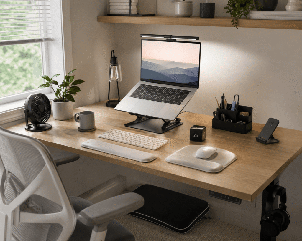 Clean home office desk setup with laptop stand, monitor light bar, desk organizer, phone stand, wrist rest, and natural daylight