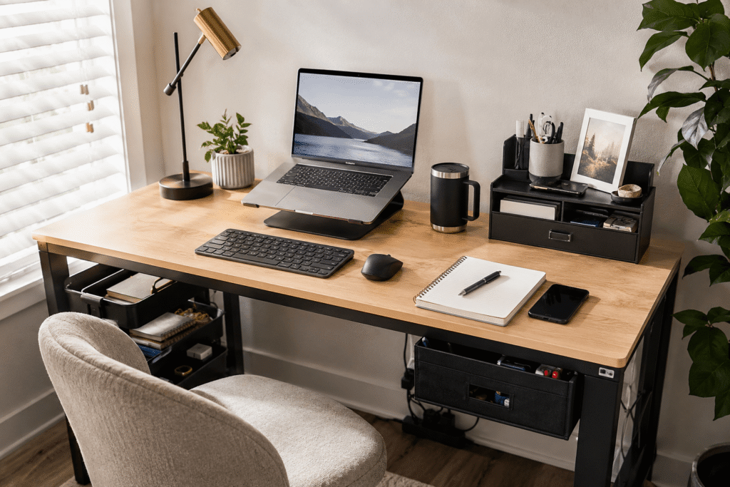 Small home office desk with laptop, monitor riser, desk organizer, floating shelves, and cable management in a clean, organized workspace with natural daylight.