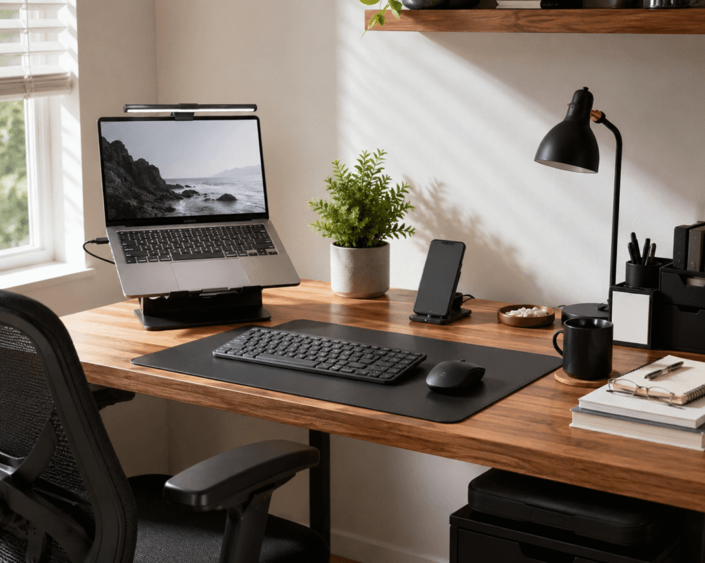 Clean and practical work-from-home desk setup with laptop, monitor light bar, desk organizer, and office accessories in a modern home workspace