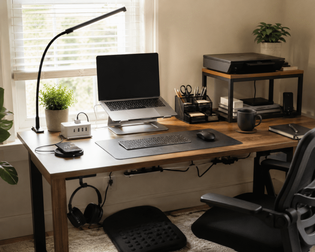 Clean and practical home office desk setup with a laptop, desk lamp, organizer, charging accessories, and natural daylight in a modern workspace.