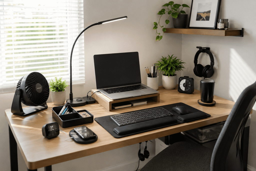 Small home office desk setup with a laptop, desk lamp, organizer, wireless charger, and ergonomic accessories in soft natural daylight. Clean, practical workspace ideal for Father's Day desk gift inspiration.