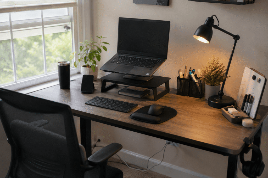 Clean and practical home office desk setup with laptop stand, desk lamp, organizer, phone stand, and productivity accessories on a small wooden desk.