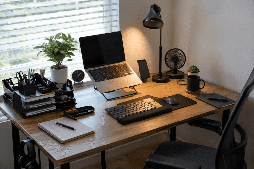 Organized home office desk setup with laptop stand, desk organizer, wrist rest, desk lamp, portable fan, and workspace accessories.