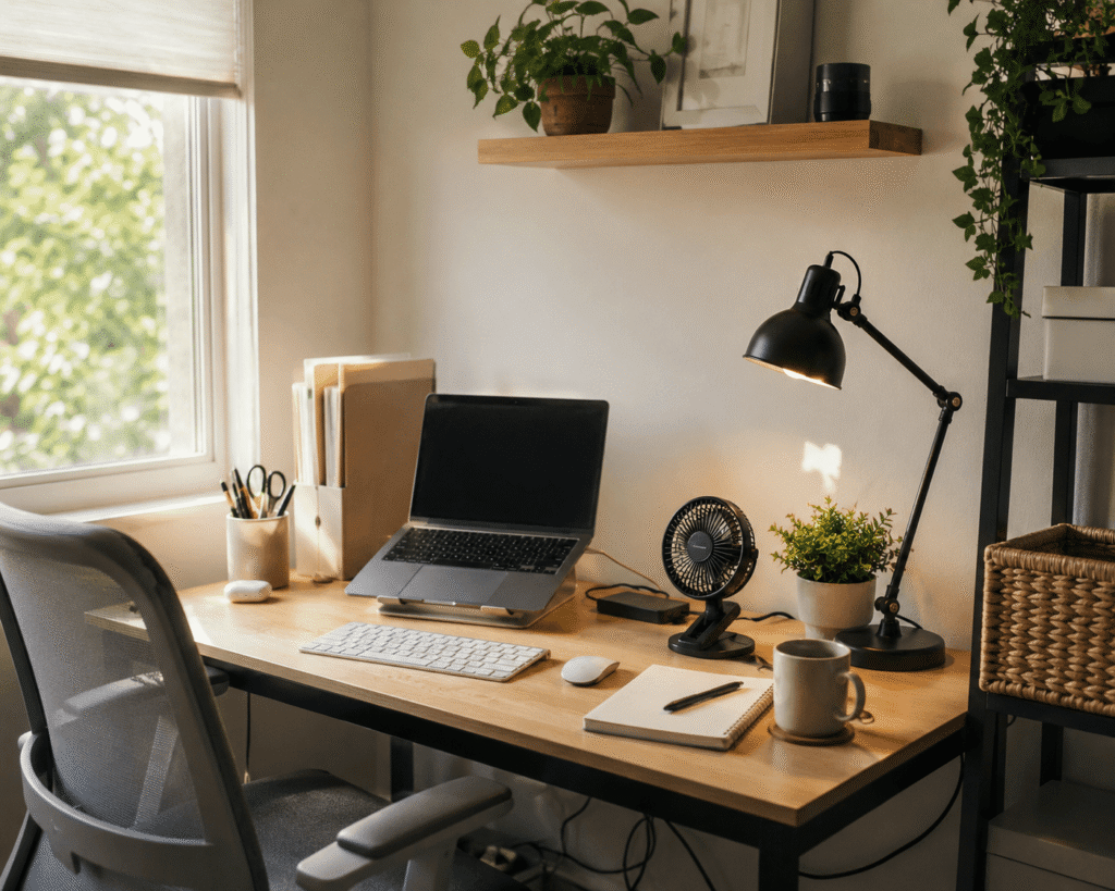 Small home office desk setup with a portable desk fan, laptop, desk lamp, and workspace accessories in natural daylight.