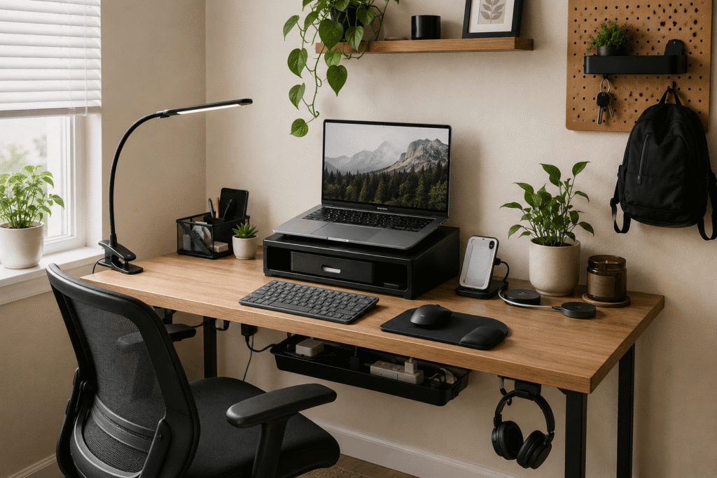 Small home office desk setup with laptop, monitor stand, desk lamp, cable management accessories, and workspace organizers in natural daylight