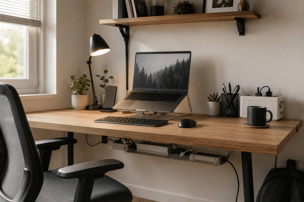 Clean home office desk setup with organized cables, laptop, desk lamp, cable management accessories, and soft natural daylight in a practical workspace.