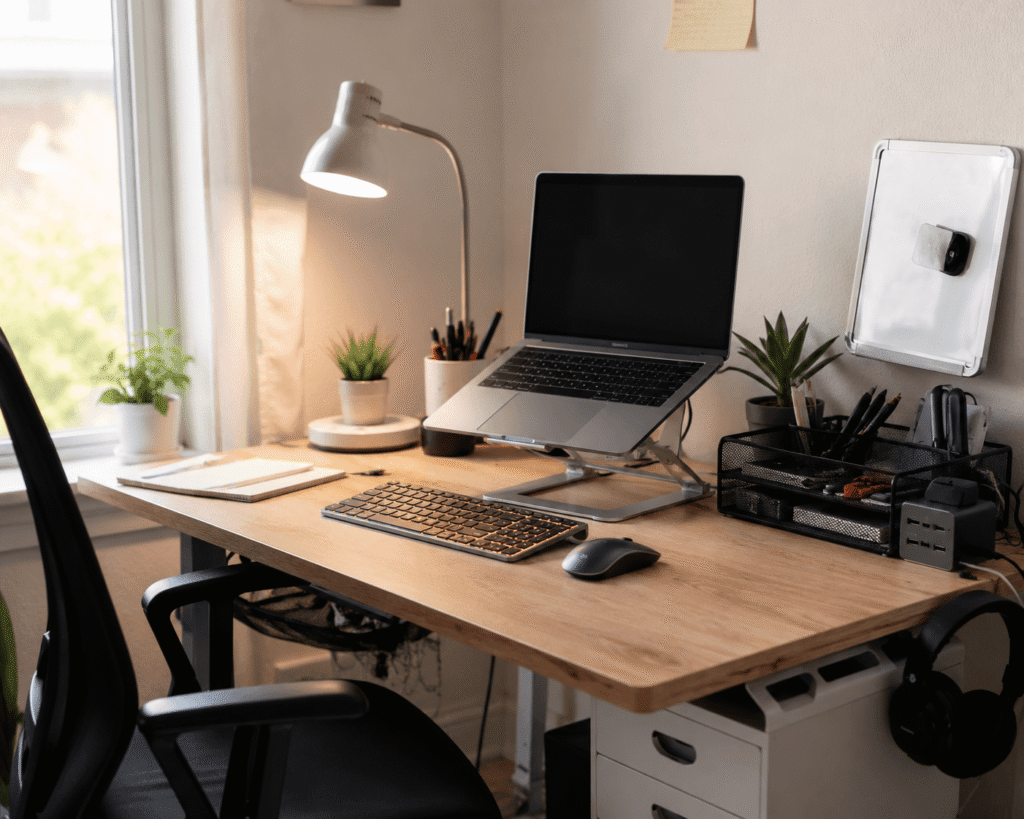 Student desk setup featuring a laptop stand, wireless keyboard, monitor light bar, organized accessories, and a clean workspace in natural daylight.