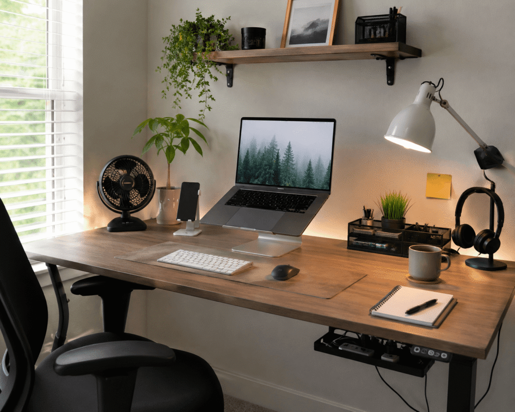Clean and realistic home office desk setup with a laptop, desk lamp, organizer accessories, cable management, and natural daylight in a small modern workspace.
