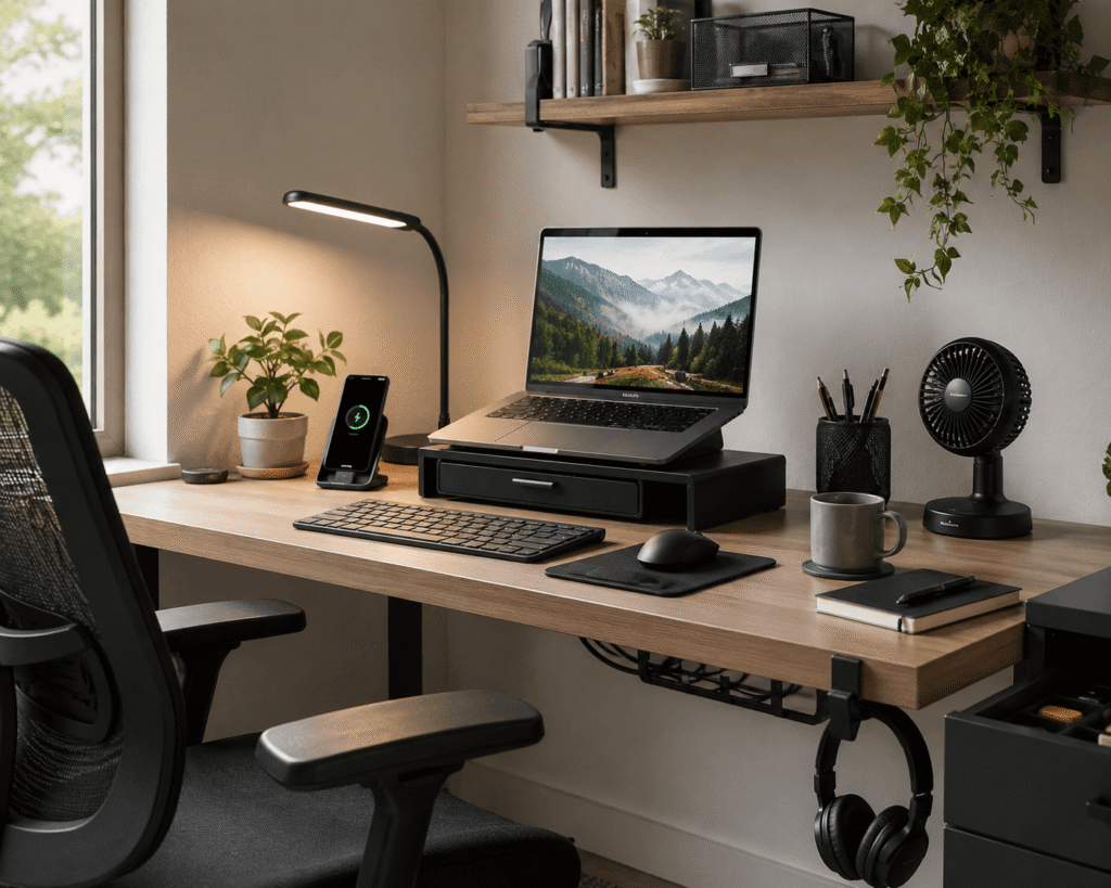 Clean and practical home office desk setup with laptop, desk lamp, monitor stand, organizers, and accessories in natural daylight