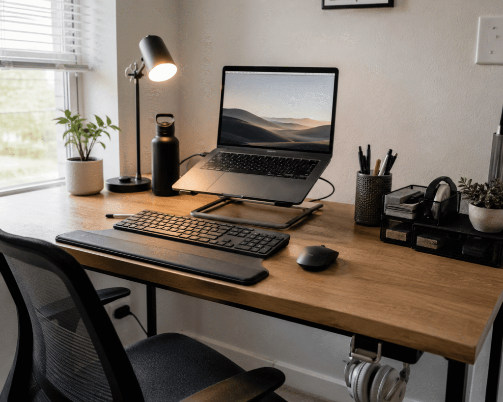 Small modern home office desk setup with a laptop, monitor light bar, cable organizers, desk accessories, and natural daylight creating a clean and productive workspace.
