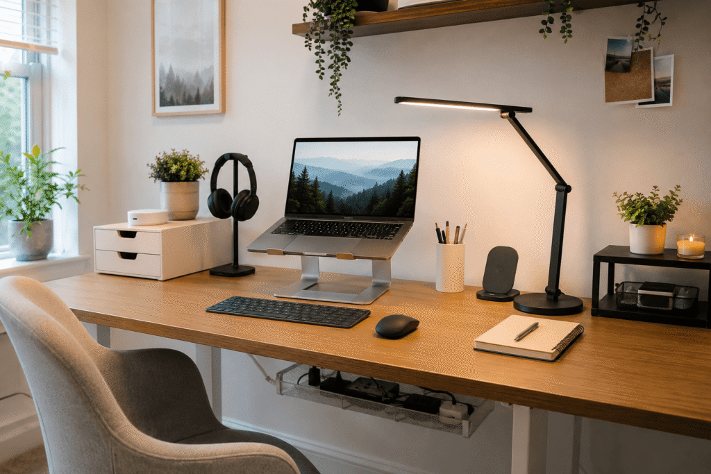 Clean and practical home office desk setup featuring a laptop stand, desk lamp, wireless charger, headphone holder, cable management tray, and desk accessories in natural daylight.