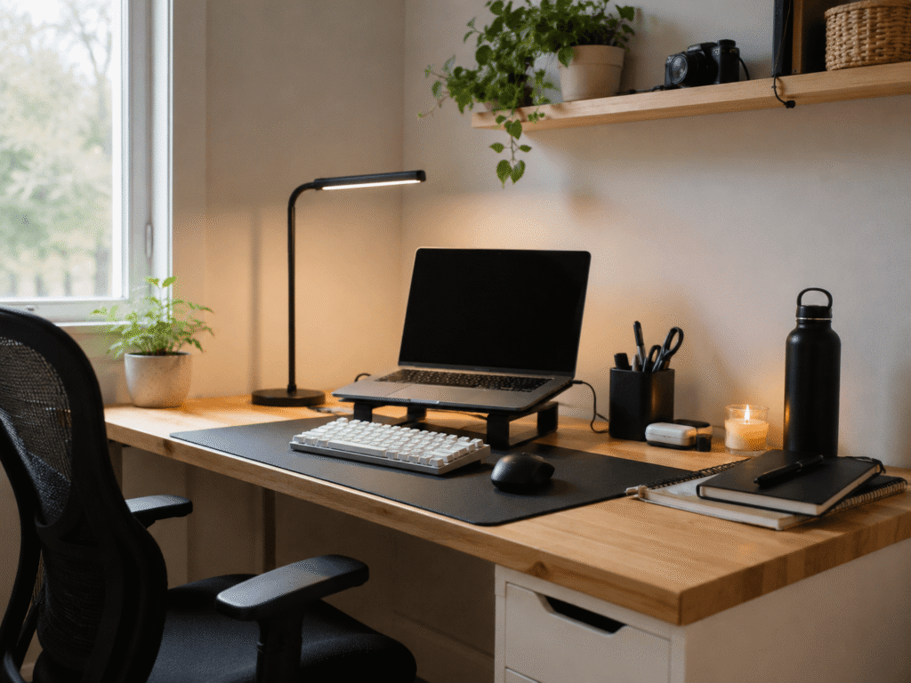 Small home office desk setup with LED desk lamp, laptop stand, keyboard, organizer, and natural daylight for a productive workspace