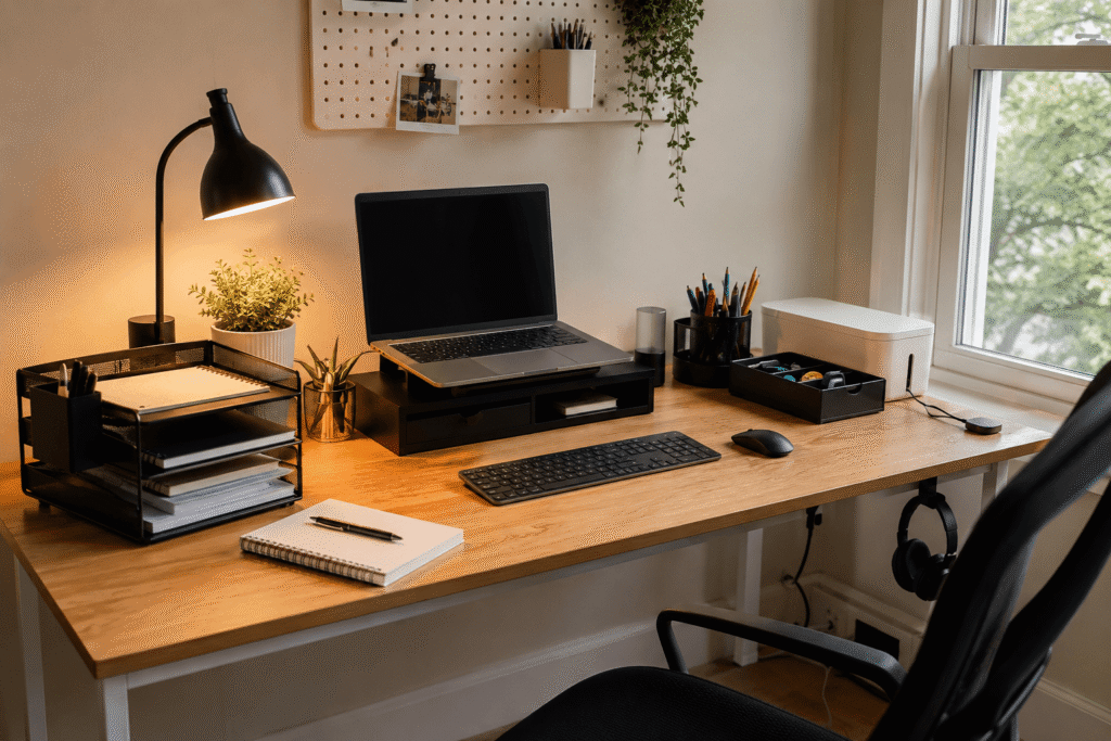 Clean and organized home office desk setup with a laptop, desk organizers, cable management accessories, and soft natural daylight in a practical workspace.