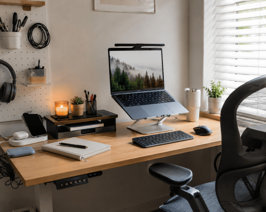 Small modern home office desk setup with laptop, monitor light bar, desk organizers, charging accessories, and natural daylight in a clean workspace