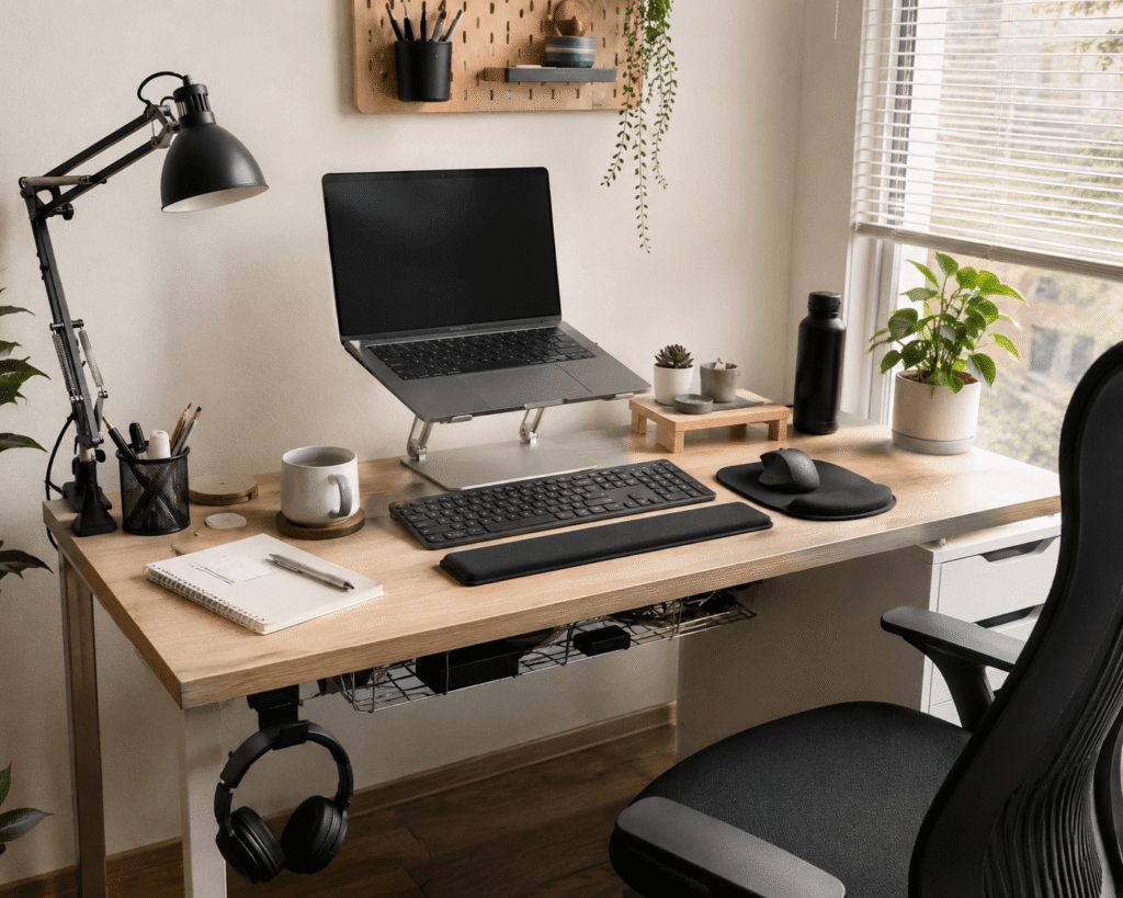 Small ergonomic home office desk setup with laptop stand, monitor accessories, cable management, wrist rest, and natural daylight.