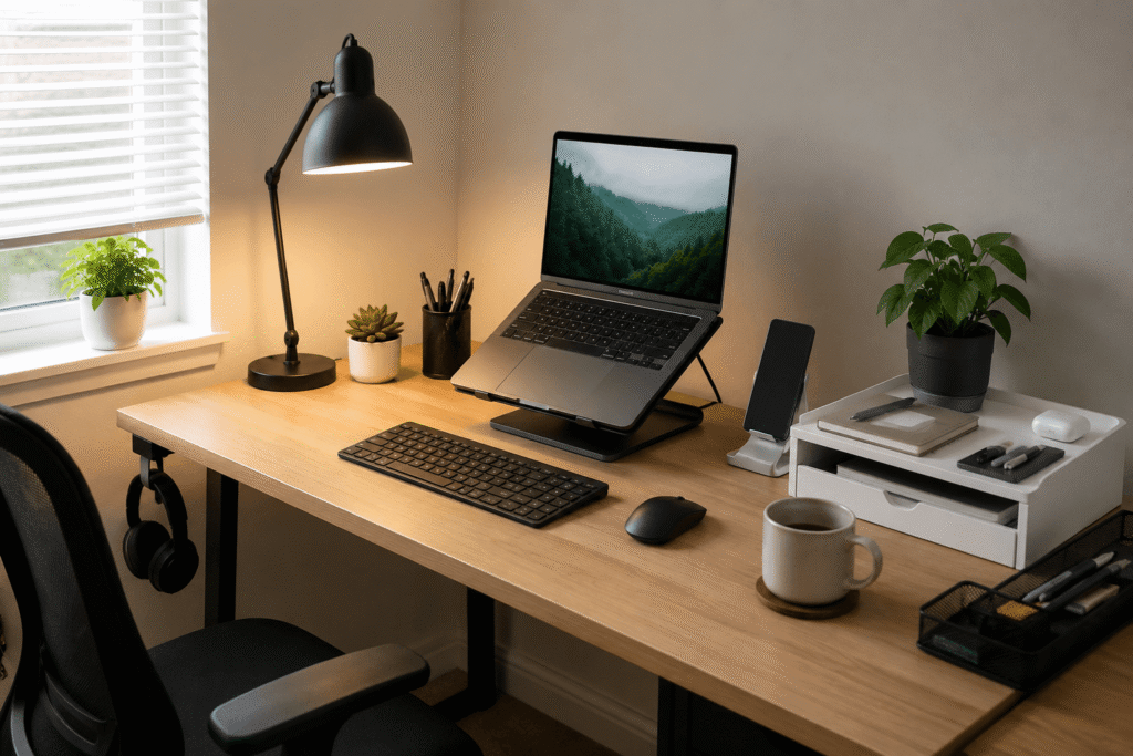 Modern home office desk setup with a laptop, monitor light bar, desk organizer, cable management accessories, and soft natural daylight in a clean and practical workspace.