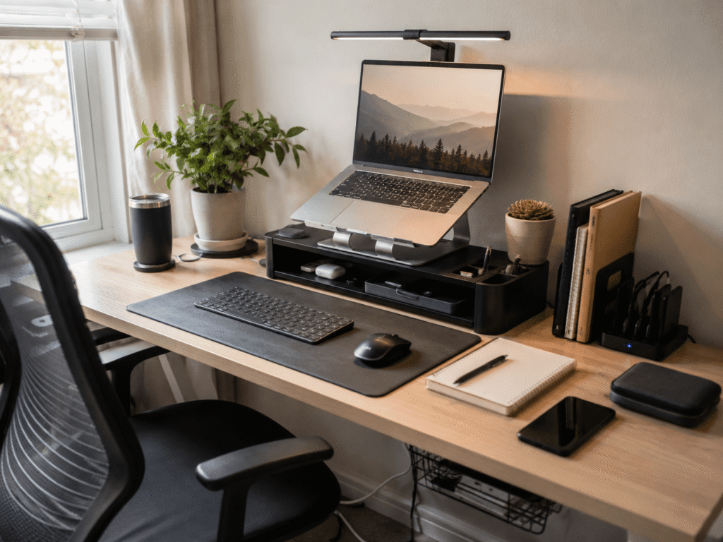 Clean and practical home office desk setup with a laptop, monitor light bar, wireless keyboard, desk organizer, charging station, and soft natural daylight in a small workspace.