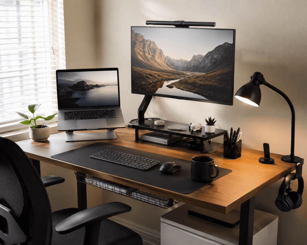 Clean home office desk setup with monitor arm, desk lamp, organized cables, laptop, and productivity accessories in soft natural daylight.