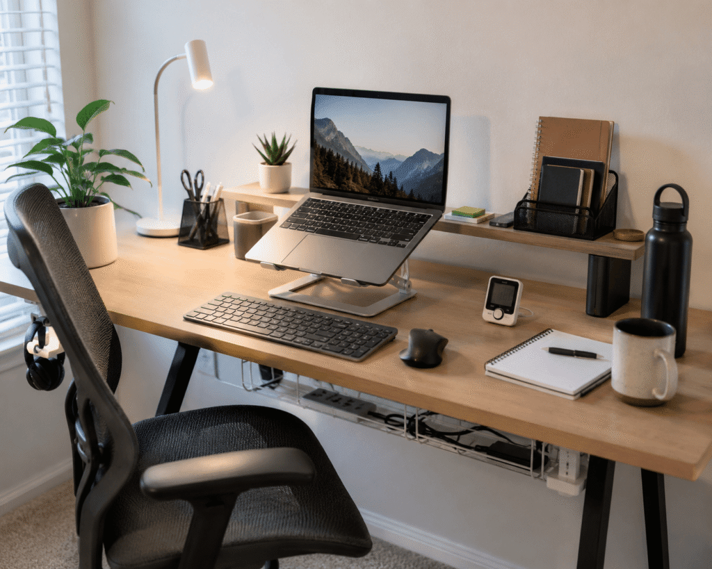 Clean and practical home office desk setup with a laptop stand, wireless keyboard, ergonomic mouse, desk lamp, cable management, and productivity accessories in natural daylight.