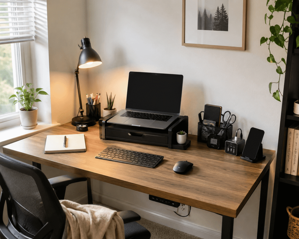 Small home office desk setup with a laptop, monitor stand, desk lamp, cable management accessories, phone stand, and workspace organizers in natural daylight.