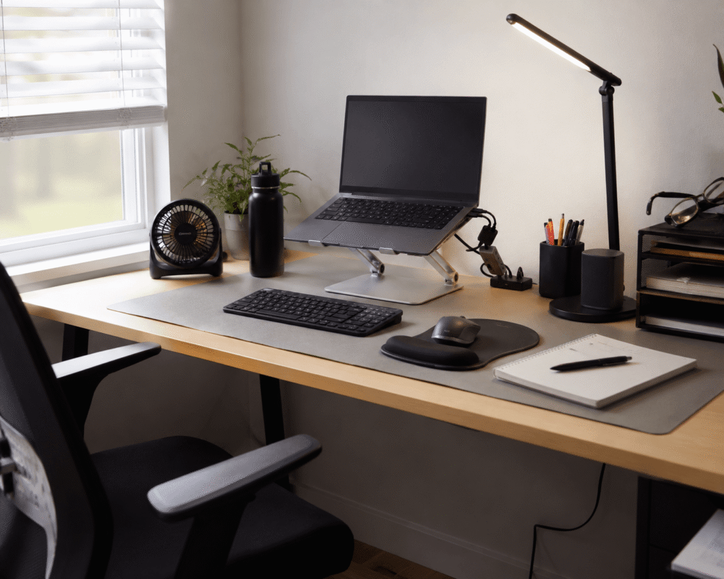 Small home office desk setup with a laptop stand, portable desk fan, insulated water bottle, ergonomic accessories, and natural daylight for a comfortable summer workspace.