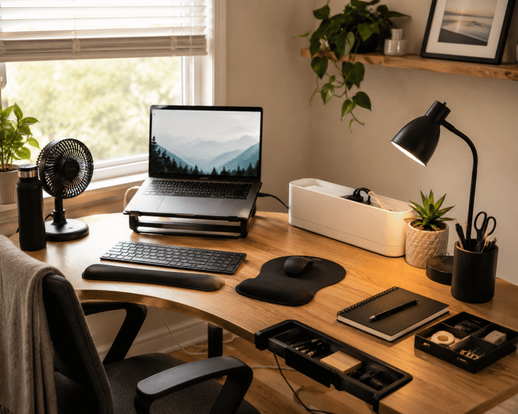 Modern home office desk setup with a laptop stand, desk fan, LED lamp, cable organizer, and other affordable summer desk accessories on a clean wooden desk.