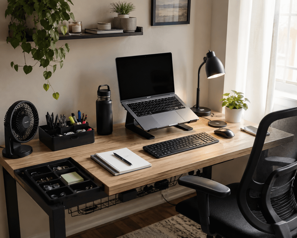 Clean and organized home office desk setup with a laptop stand, desk fan, cable management, organizers, and reusable water bottle in natural daylight.