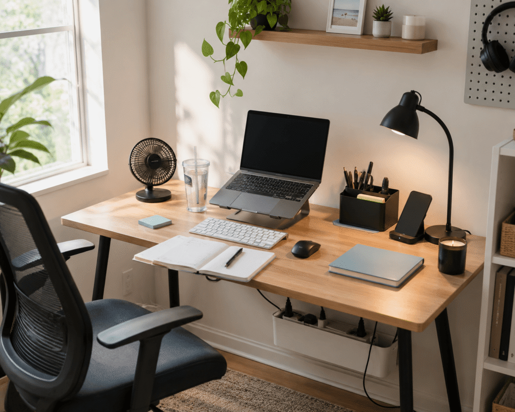 Small summer home office desk setup with a laptop stand, USB desk fan, desk lamp, insulated tumbler, organizer, and clean cable management in soft natural daylight.