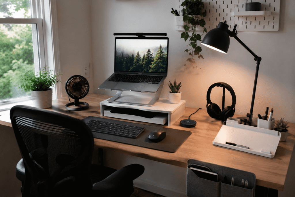 Modern summer home office setup with a laptop stand, monitor light bar, desk fan, wireless charger, organizer accessories, and natural daylight on a clean wooden desk.